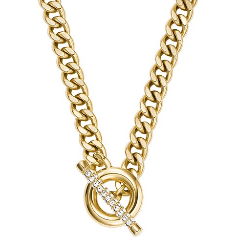 Fossil Panzerkette aus goldfarbenem Edelstahl mit Knebelverschluss, besetzt mit farblosen Glassteinen.