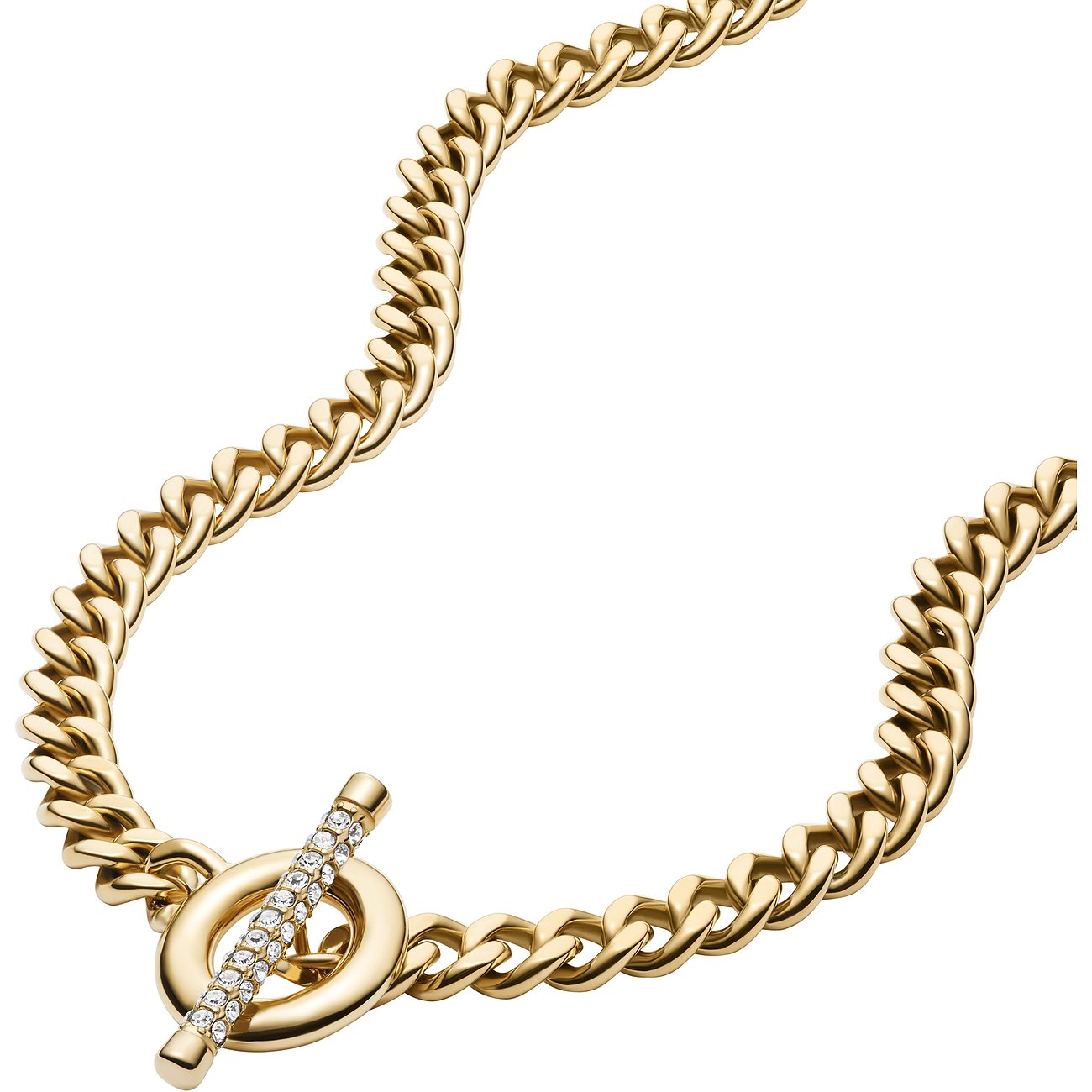 Fossil Panzerkette aus Edelstahl in Gold mit einem Knebelverschluss, der mit klaren Glassteinen besetzt ist.