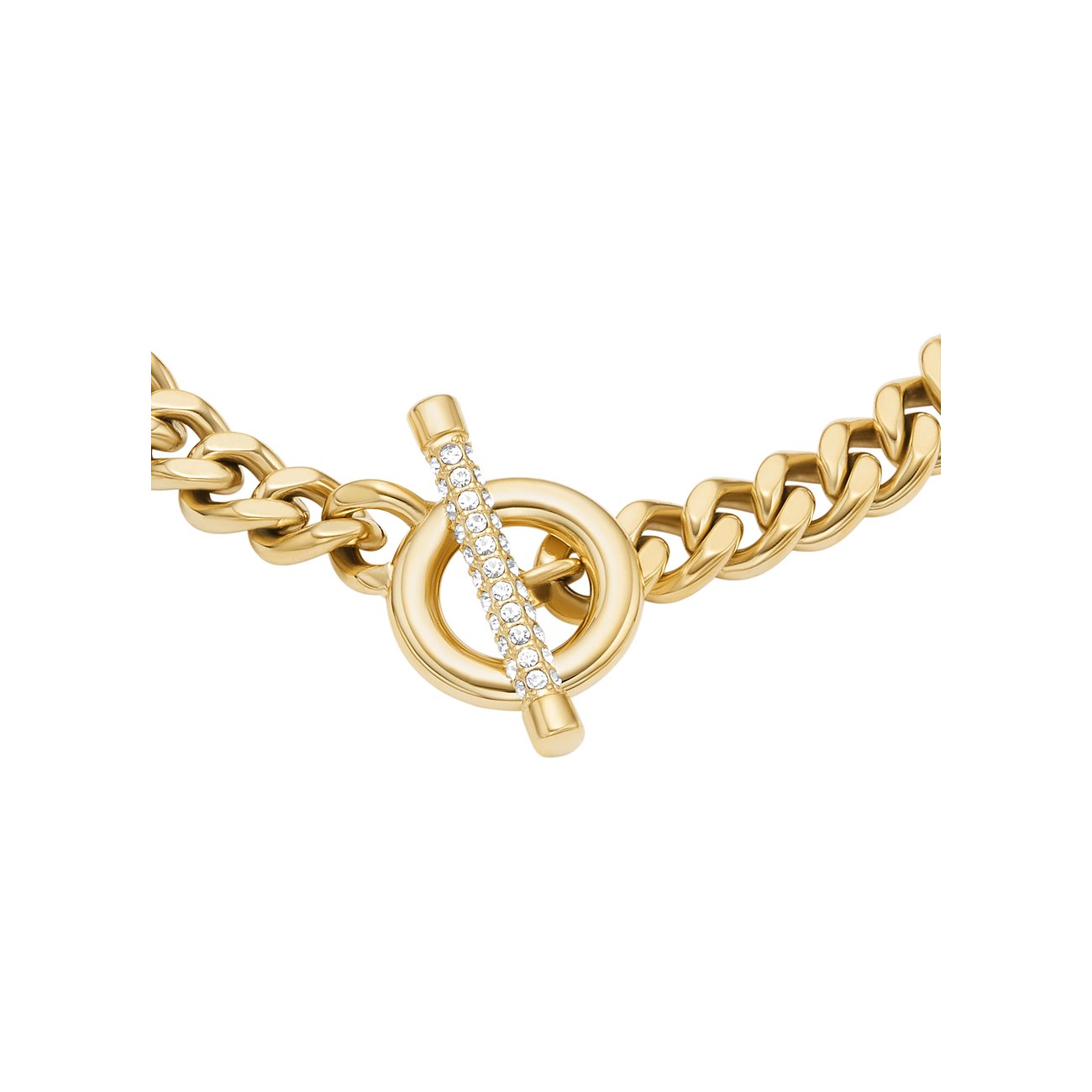 Fossil Armband aus goldfarbenem Edelstahl mit Panzerketten und Knebelverschluss, besetzt mit Glassteinen.