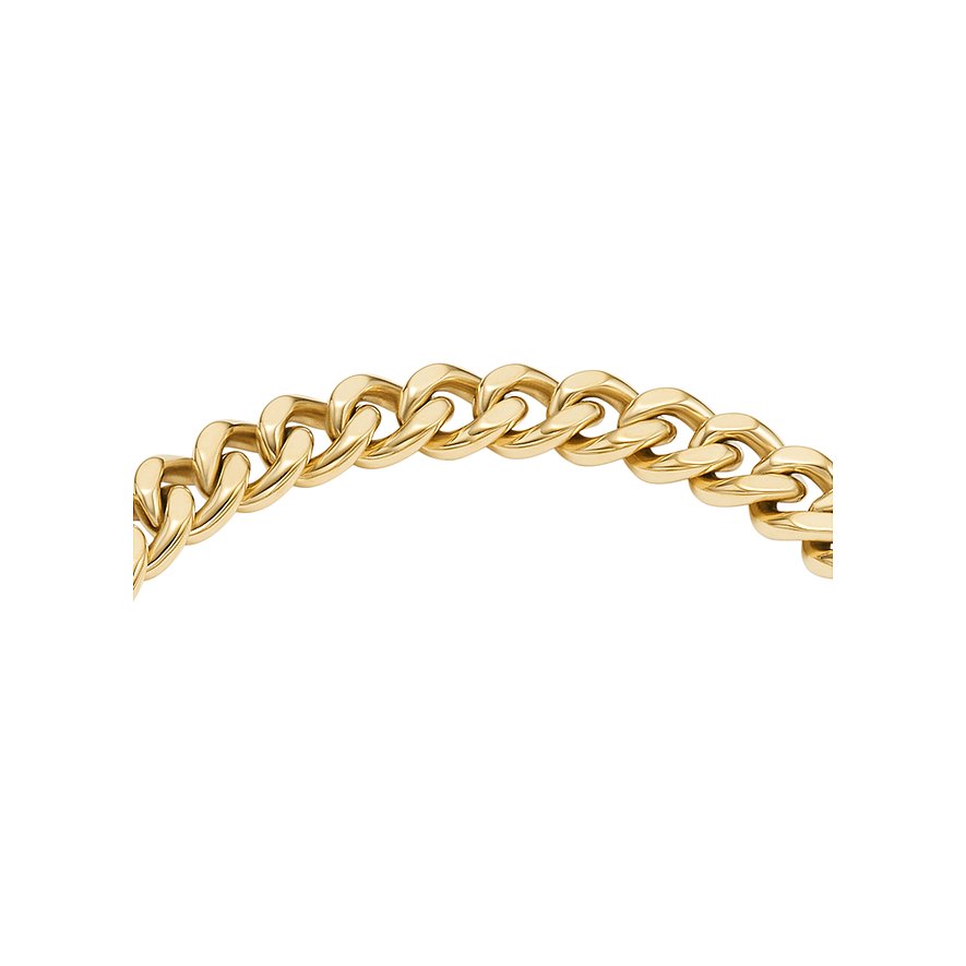 Fossil Armschmuck aus gelbvergoldetem Edelstahl, grobe Kettenglieder mit leicht glänzender Oberfläche.