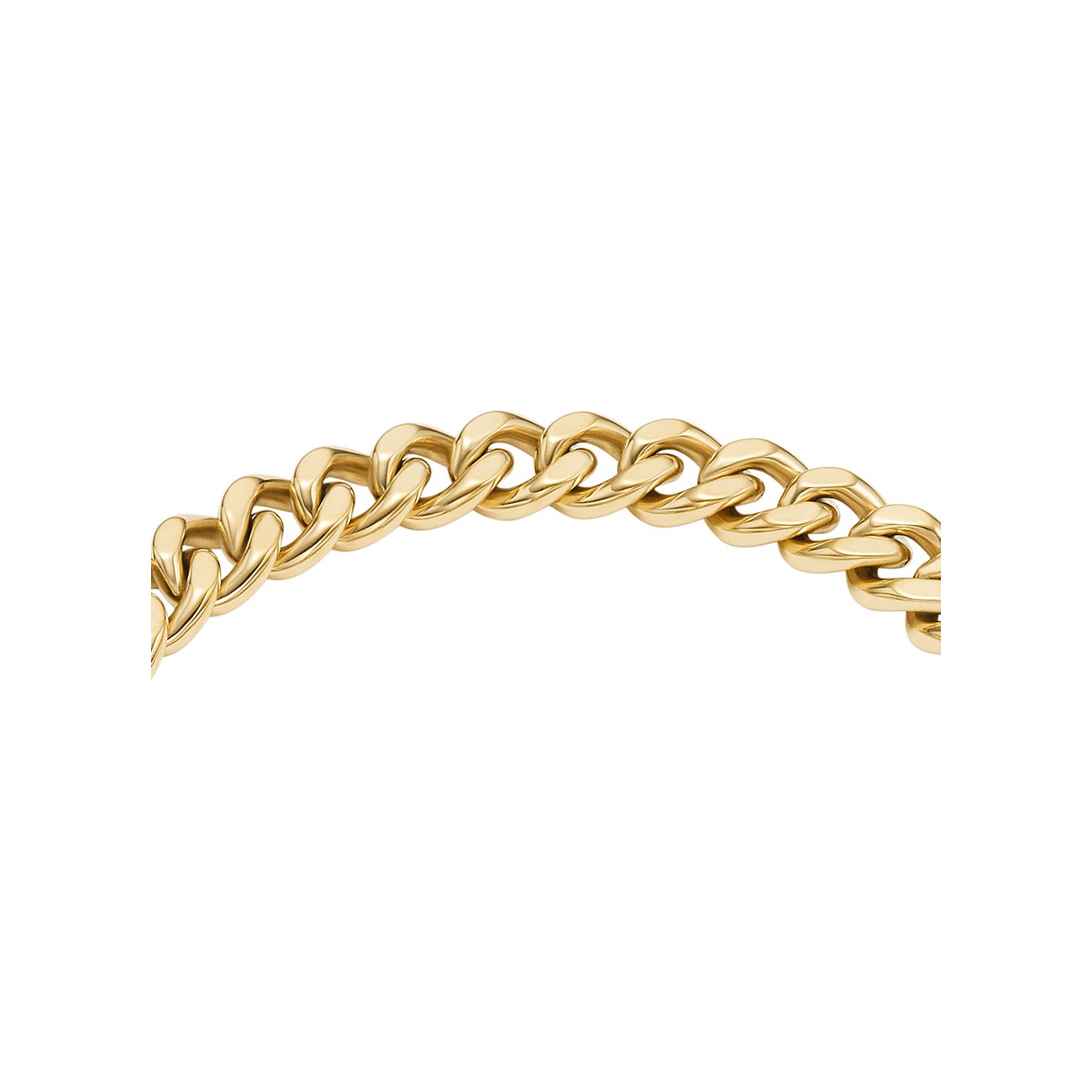 Fossil Armschmuck aus gelbvergoldetem Edelstahl, grobe Kettenglieder mit leicht glänzender Oberfläche.