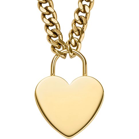 Fossil halsband i guldfärgat rostfritt stål med en grov länk-kedja och ett stort hjärtformat hänge.