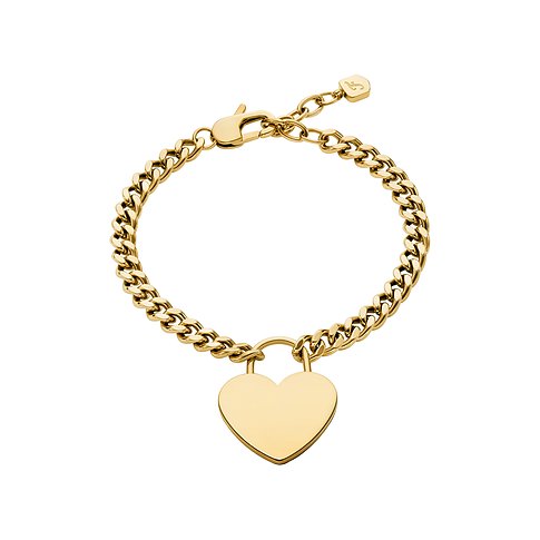 Fossil armband i guldfärgat rostfritt stål med ankarkedja och ett glänsande hjärthänge.