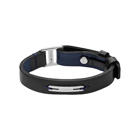 Fossil Armband aus schwarzem Leder und Edelstahl, mit Markenlogo auf einer silbernen Platte in der Mitte.