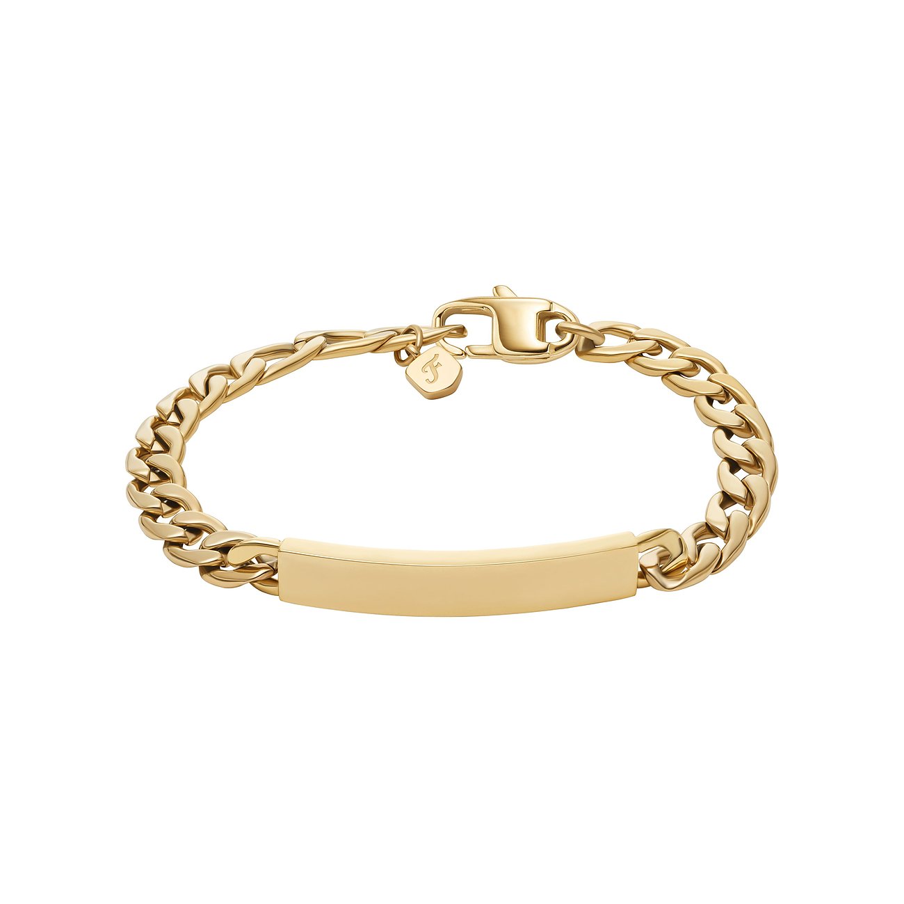Fossil Armband aus goldfarbenem Edelstahl mit einer gravierbaren Mittelplatte und einem kleinen Emblem.
