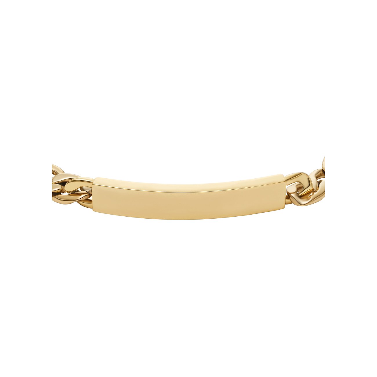Fossil Armschmuck aus goldfarbenem Edelstahl mit einer glänzenden, rechteckigen ID-Platte und Gliederkette.
