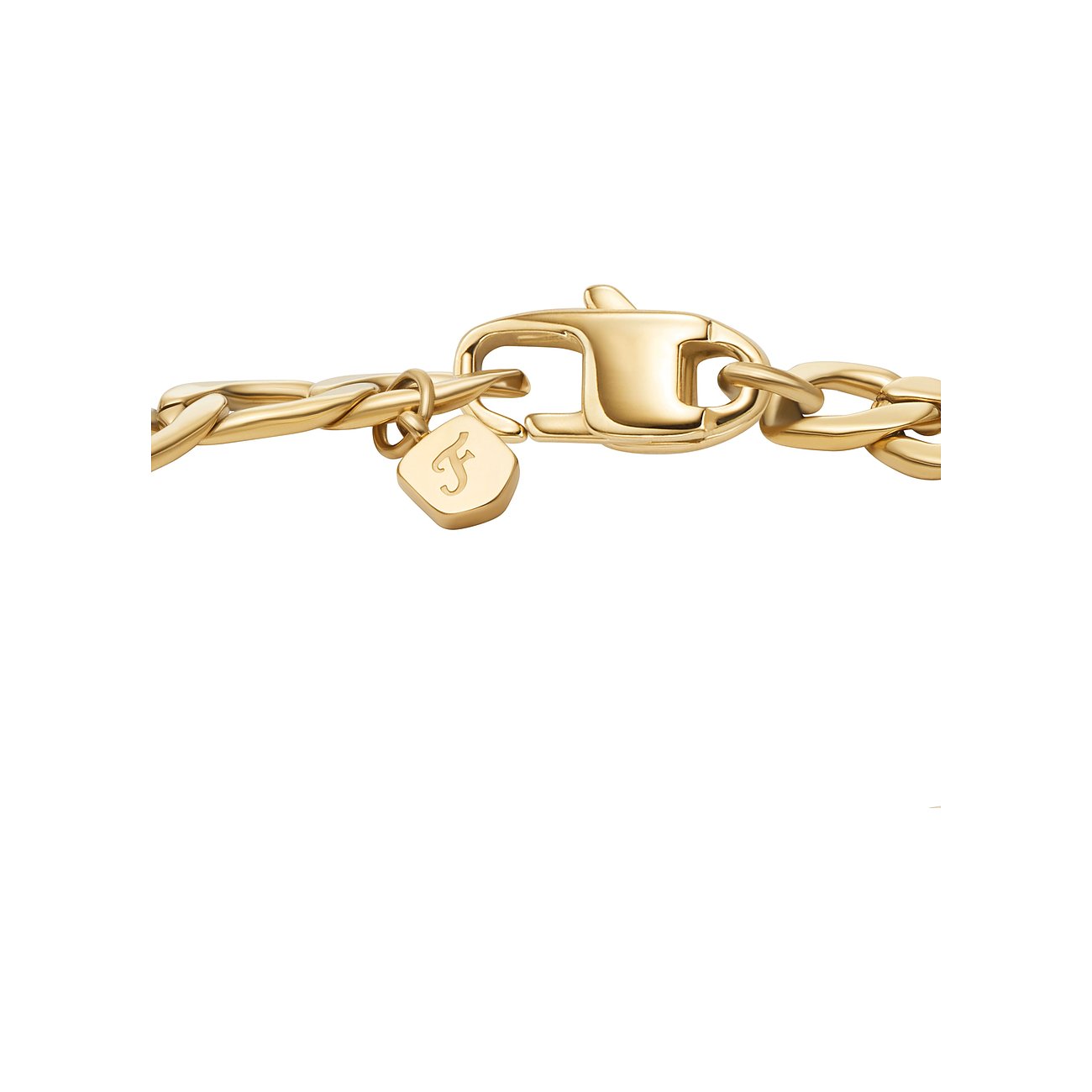 Fossil Armband aus goldfarbenem Edelstahl mit Karabinerverschluss und graviertem Charm.