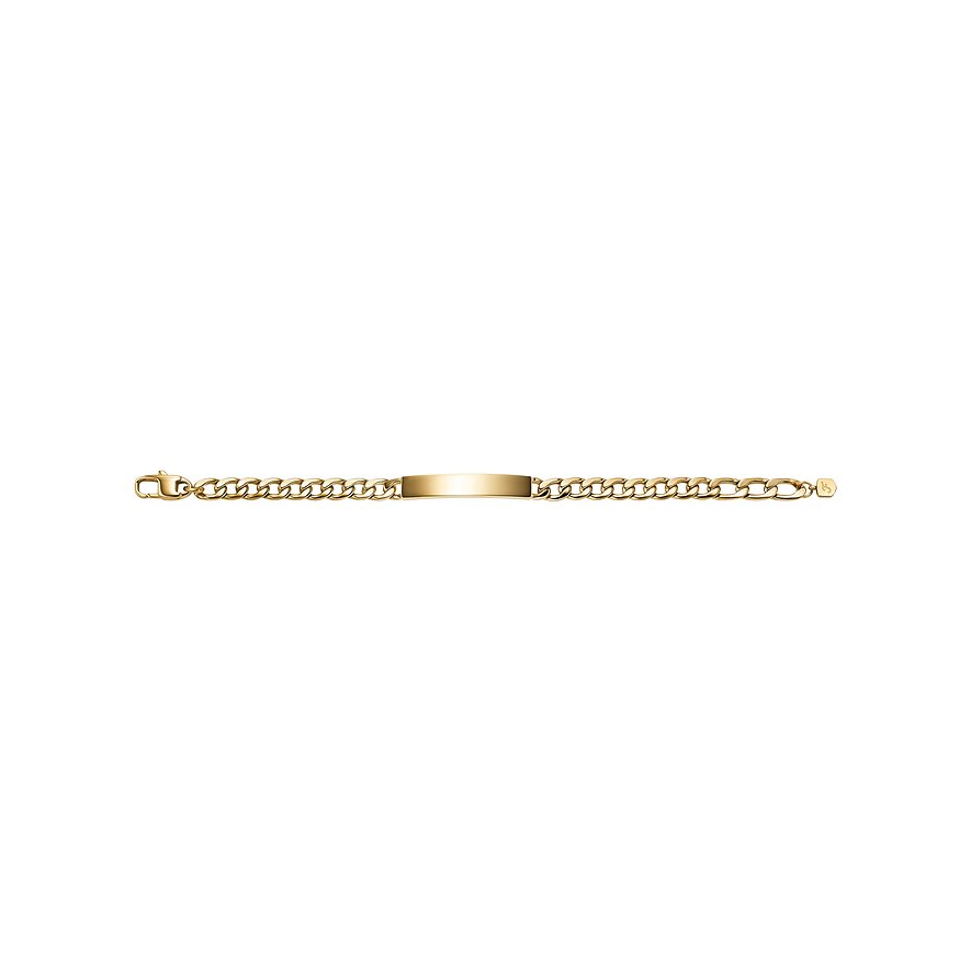 Fossil Armband aus glattem, goldfarbenem Edelstahl mit ID-Platte und einer Kette mit Gliedern.
