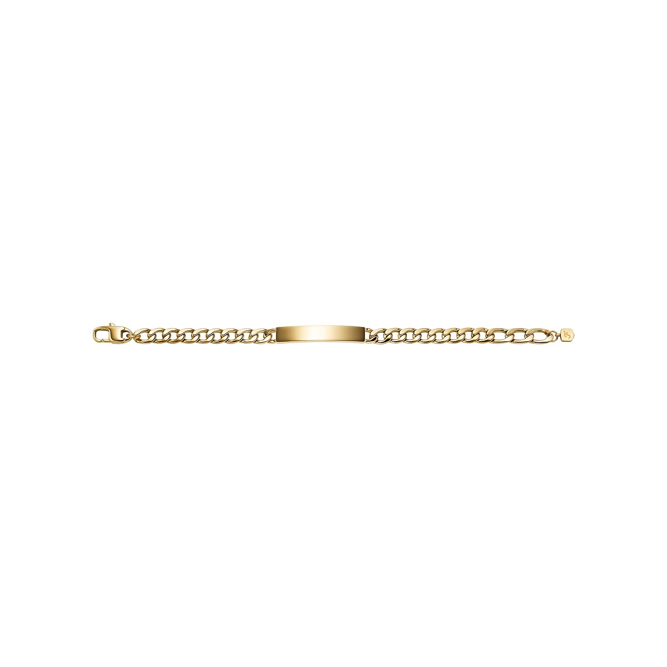 Fossil Armband aus glattem, goldfarbenem Edelstahl mit ID-Platte und einer Kette mit Gliedern.