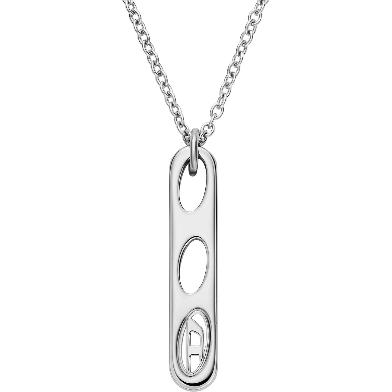 Diesel halsband i rostfritt stål med smalt, avlångt hänge med två ovala utskärningar och