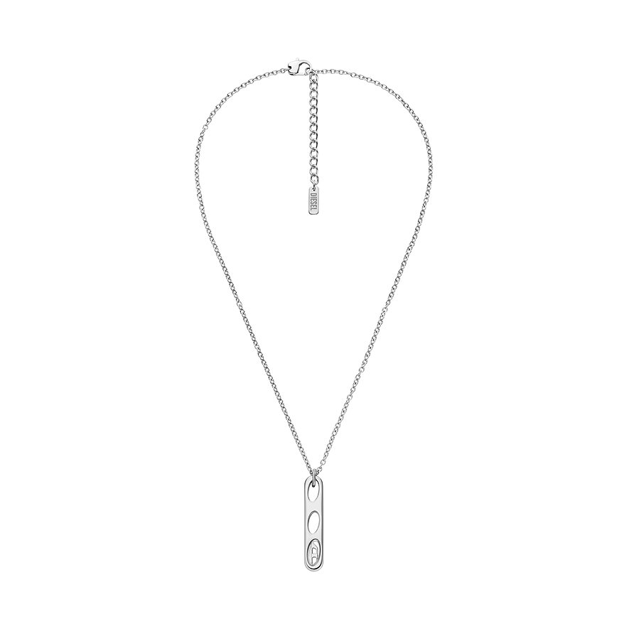 Diesel halsband i rostfritt stål med avlångt hänge, där tre ovala urtag är utformade.