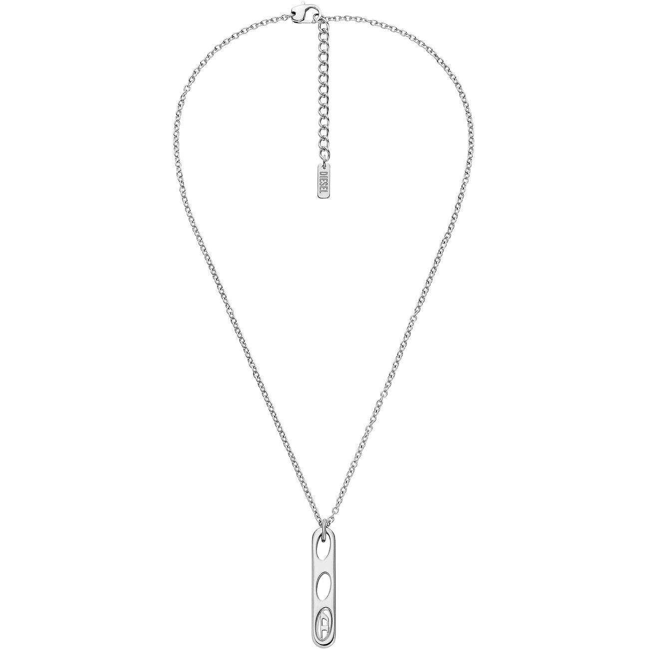 Diesel halsband i rostfritt stål med avlångt hänge, där tre ovala urtag är utformade.