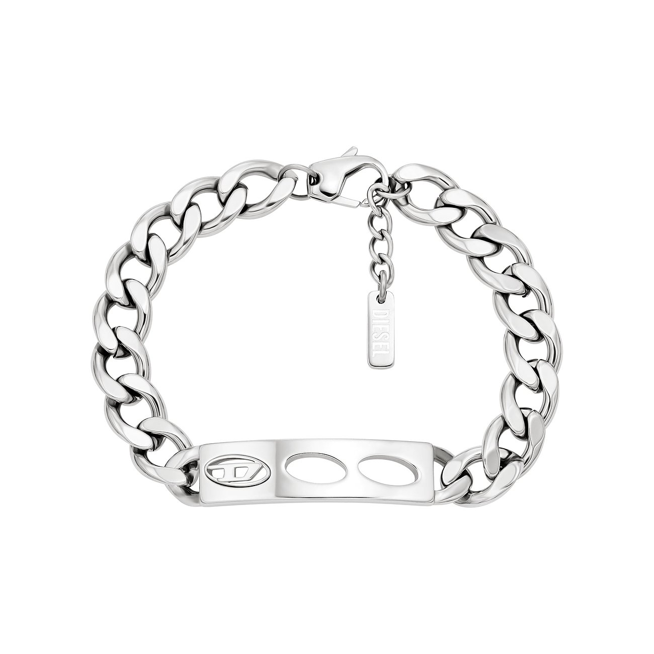 Diesel Armband aus glänzendem Edelstahl mit Panzerketten-Gliedern und einer rechteckigen Platte mit DIESEL-Logo.
