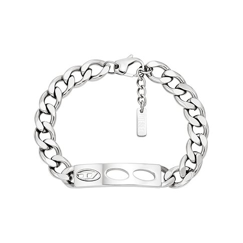 Dieselarmband i glänsande rostfritt stål med pansarkedjelänkar och en rektangulär platta med DIESEL-logotyp.