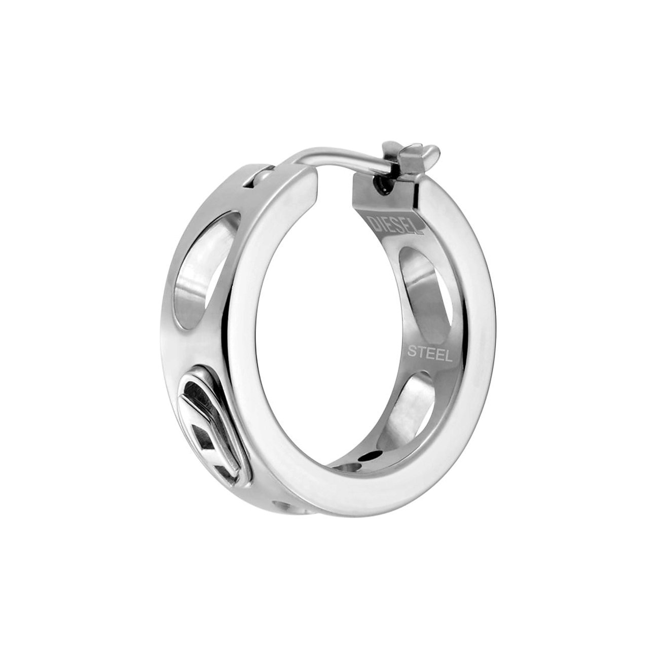 Ein glänzender Diesel Creolen-Ohrschmuck aus Edelstahl mit „D“-Logo auf der Vorderseite.