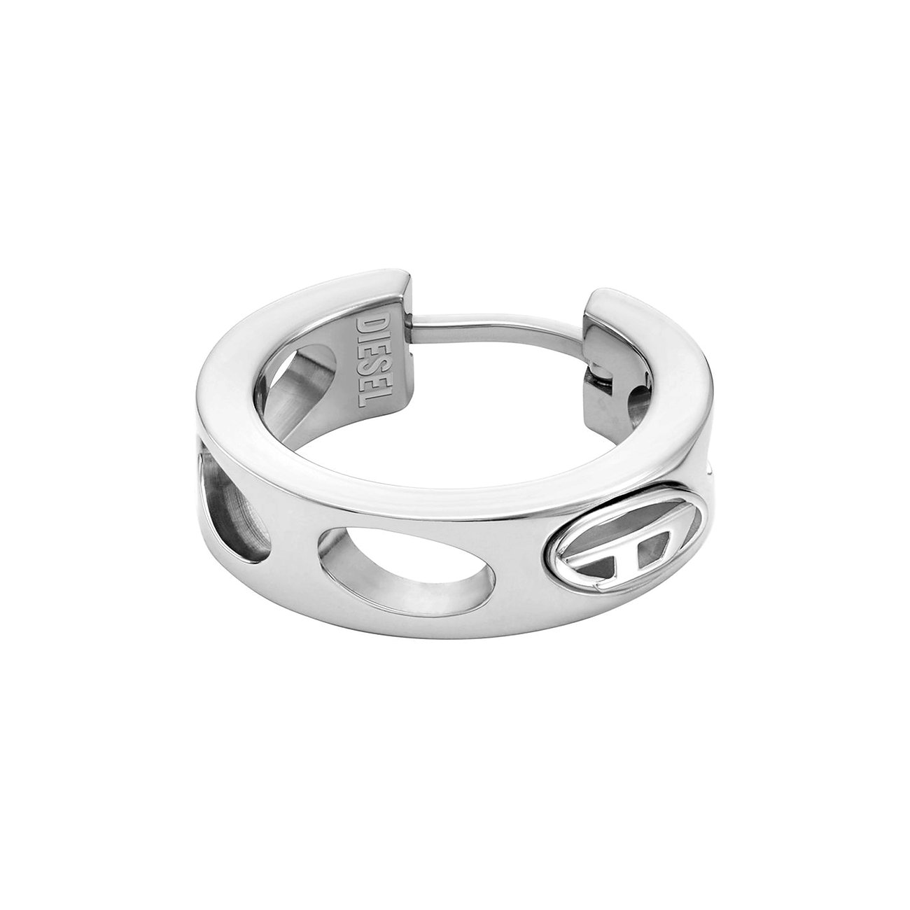 Einzelner, abgerundeter Diesel Ohrschmuck aus Edelstahl mit geprägtem Logo und ovalen Cut-Outs.