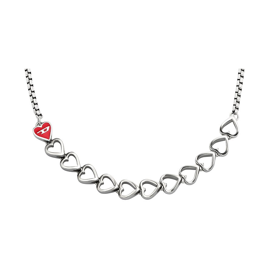 Diesel Halsschmuck aus Edelstahl mit Kette aus herzförmigen Gliedern und einem roten Herz-Anhänger.