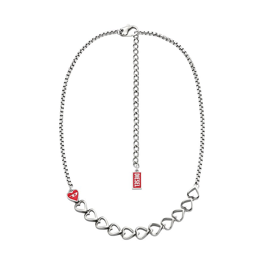 Diesel Halskette aus Edelstahl mit einer Kette aus Herzen und einem roten Herz-Anhänger.