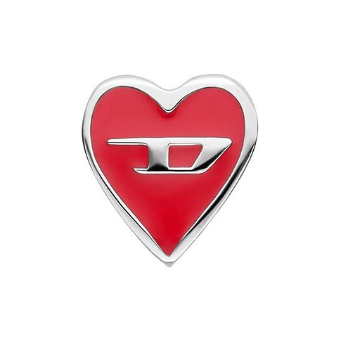 Diesel hjärtörhängen i rostfritt stål med röd fyllning och Diesel-logga i mitten.