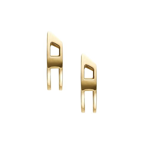 Ett par guldfärgade "Diesel" örhängen i rostfritt stål, stiliserade som ett "D" med en genombruten oval detalj.