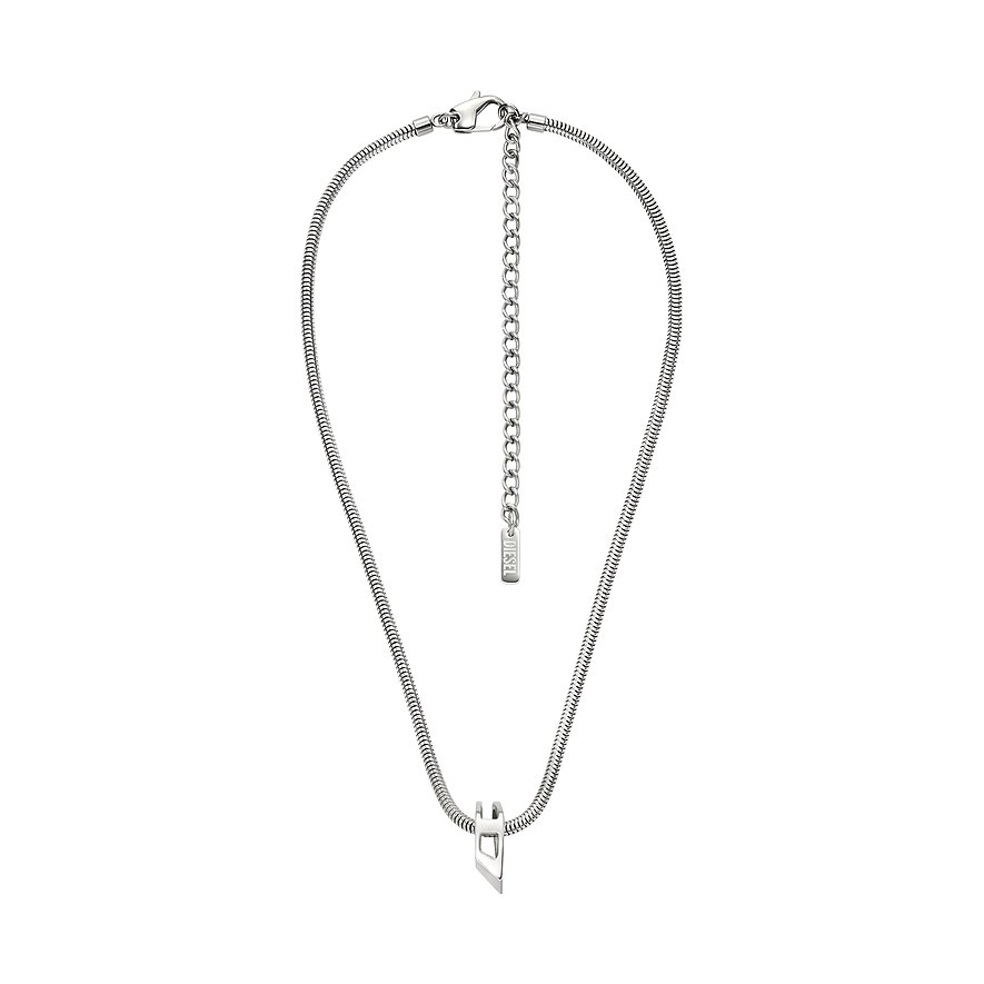 Diesel halsband i rostfritt stål med ormformad kedja och ett modernt, geometriskt utformat hänge.