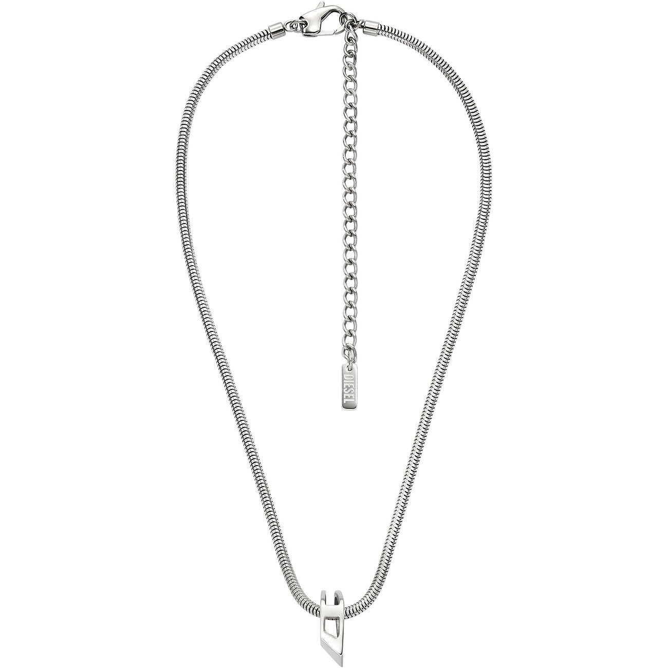Diesel halsband i rostfritt stål med ormformad kedja och ett modernt, geometriskt utformat hänge.