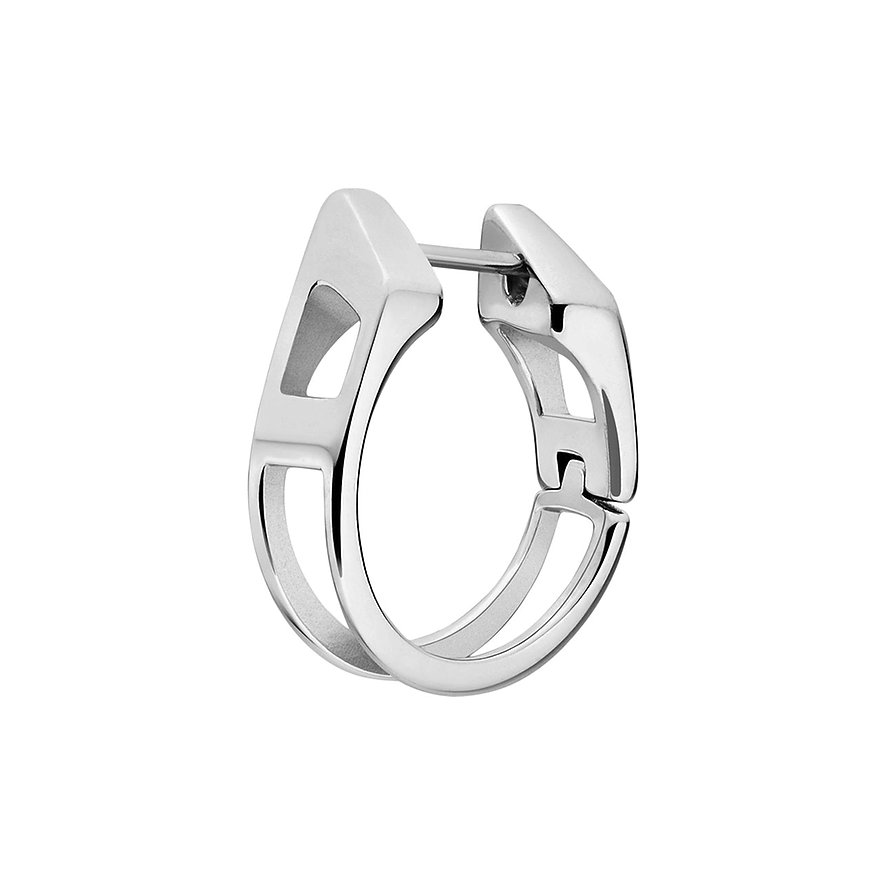 Glänsande Diesel öronsmycke i rostfritt stål, en öppen kreolörhänge med geometriska utskärningar.