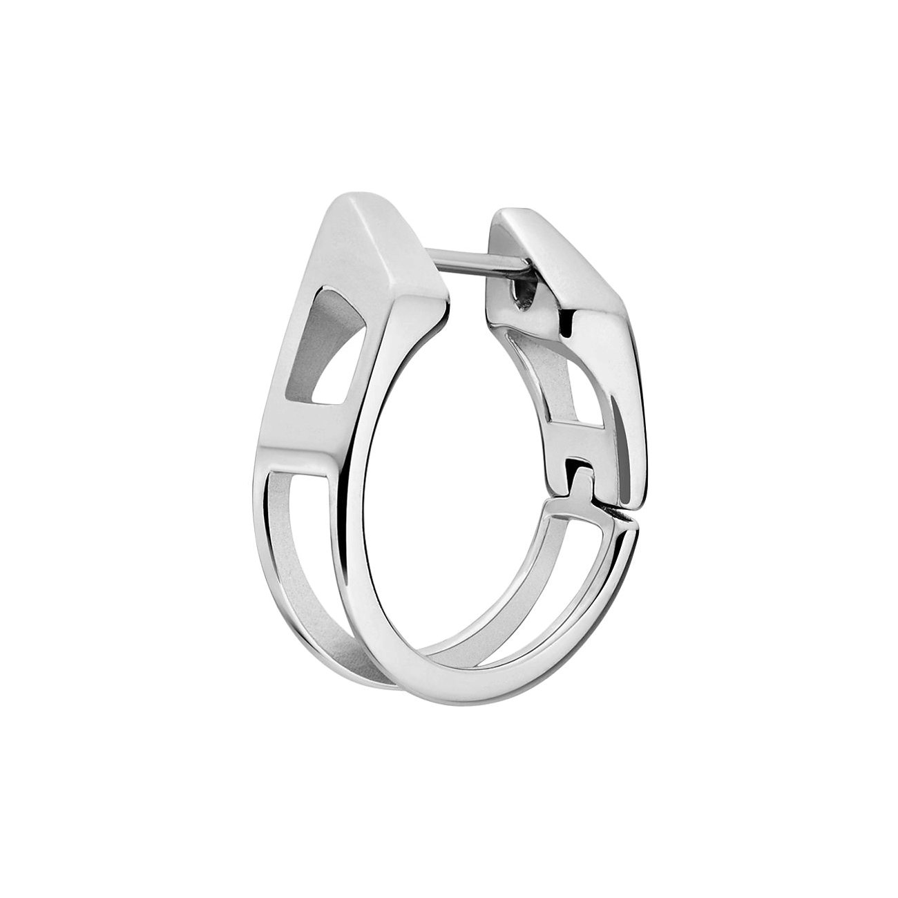 Glänsande Diesel öronsmycke i rostfritt stål, en öppen kreolörhänge med geometriska utskärningar.