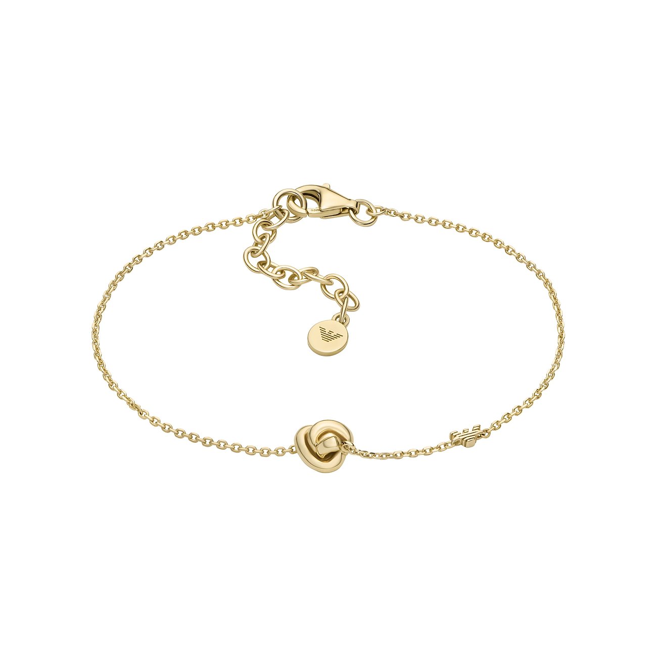 Emporio Armani Armband aus vergoldetem 925er Silber mit einem filigranen Knoten in der Mitte und Logo-Details.