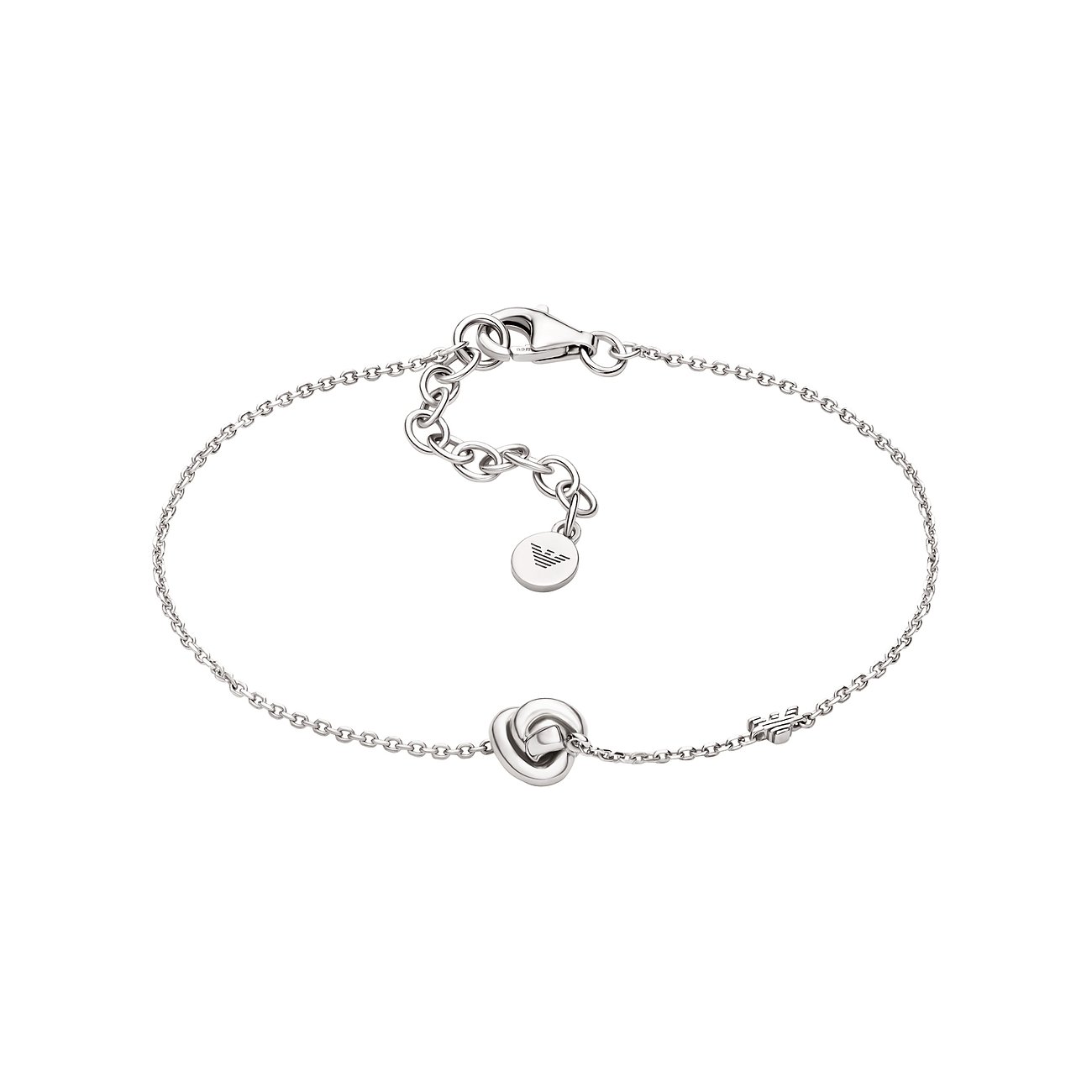 Bracciale Emporio Armani in argento 925 con catena sottile e nodo orizzontale al centro.