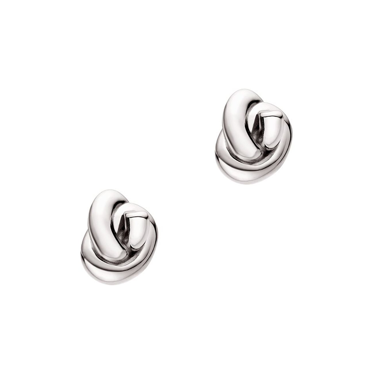 Un paio di orecchini Emporio Armani in argento, che sembrano due nodi lucidi e intrecciati.