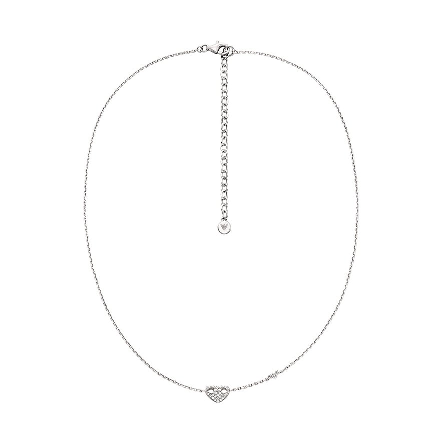 Emporio Armani Halskette aus 925er Silber mit Zirkoniasteinen besetztem Herzanhänger, Draufsicht.