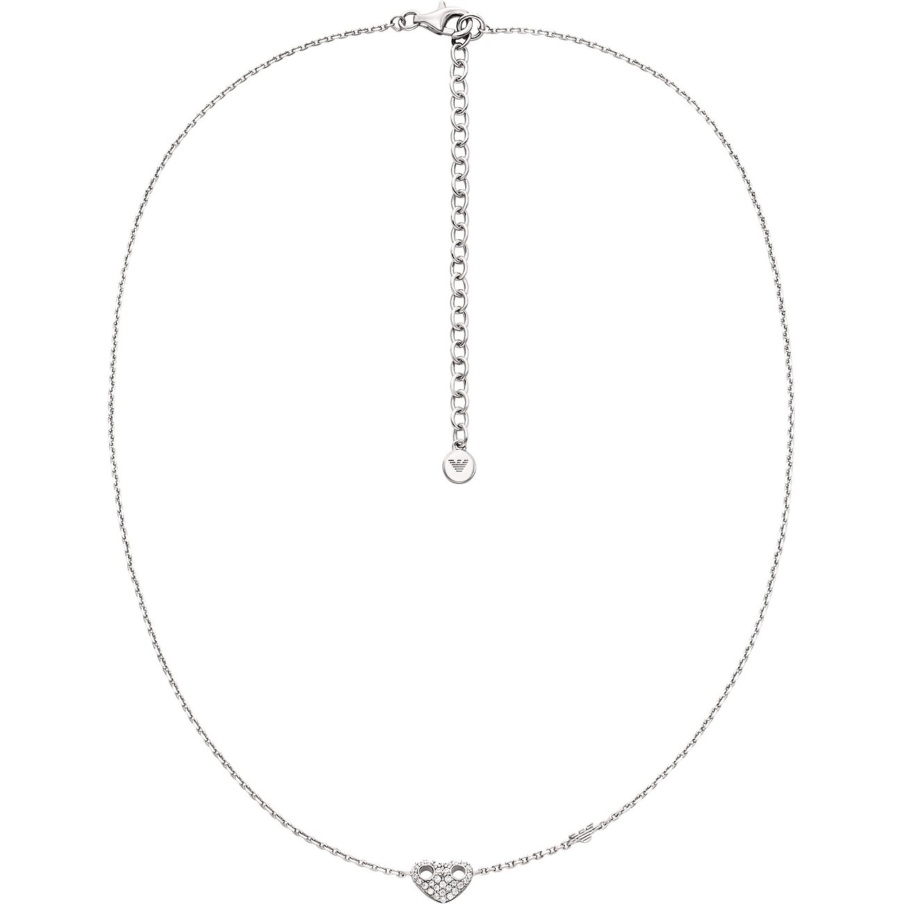 Emporio Armani Halskette aus 925er Silber mit Zirkoniasteinen besetztem Herzanhänger, Draufsicht.