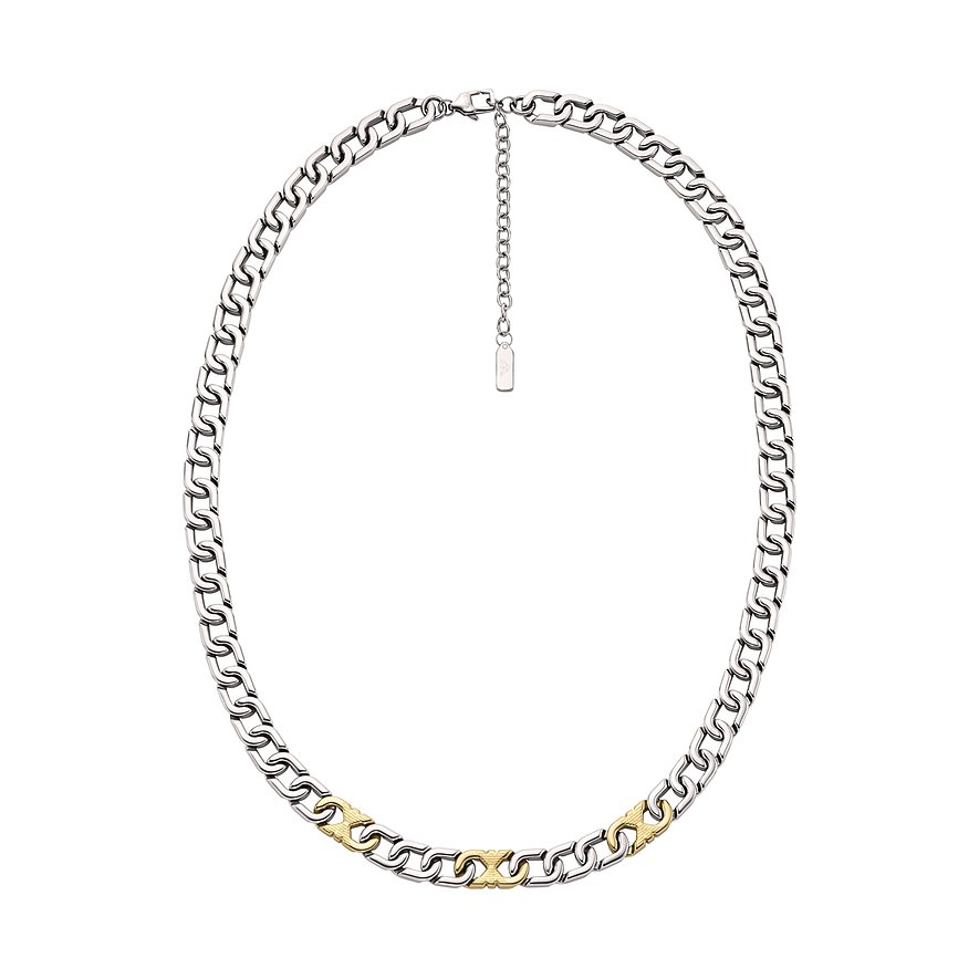 Ein Emporio Armani Halsschmuck aus Edelstahl mit goldfarbenen Akzenten an der Vorderseite.