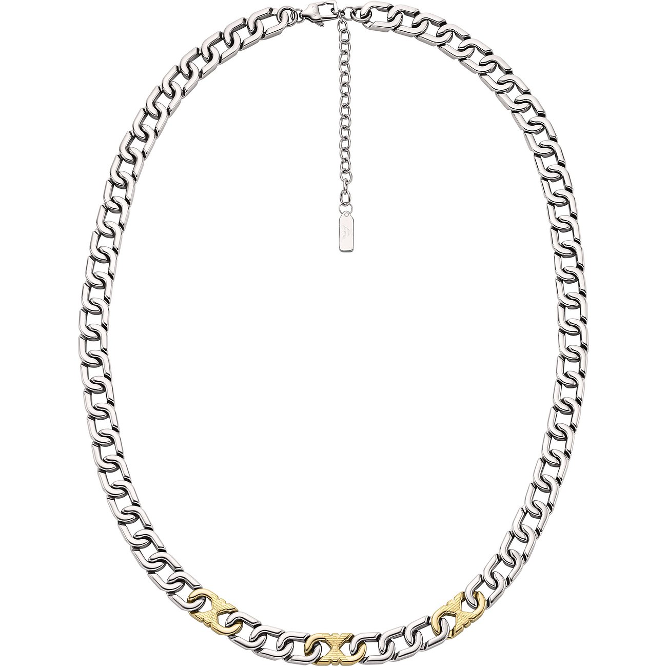 Ein Emporio Armani Halsschmuck aus Edelstahl mit goldfarbenen Akzenten an der Vorderseite.