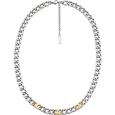 Ein Emporio Armani Halsschmuck aus Edelstahl mit goldfarbenen Akzenten an der Vorderseite.