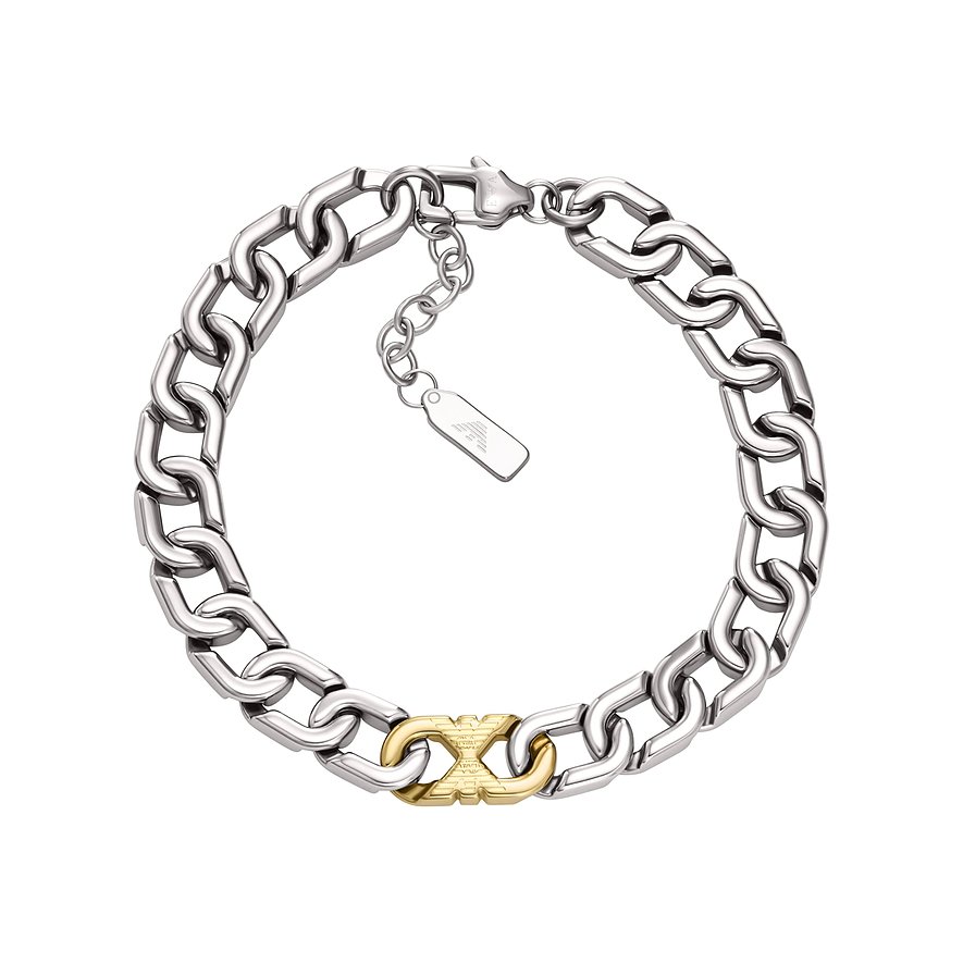 Emporio Armani Herrenarmband aus Edelstahl, bestehend aus silbernen Gliedern mit goldfarbenem Emporio Armani Logo.