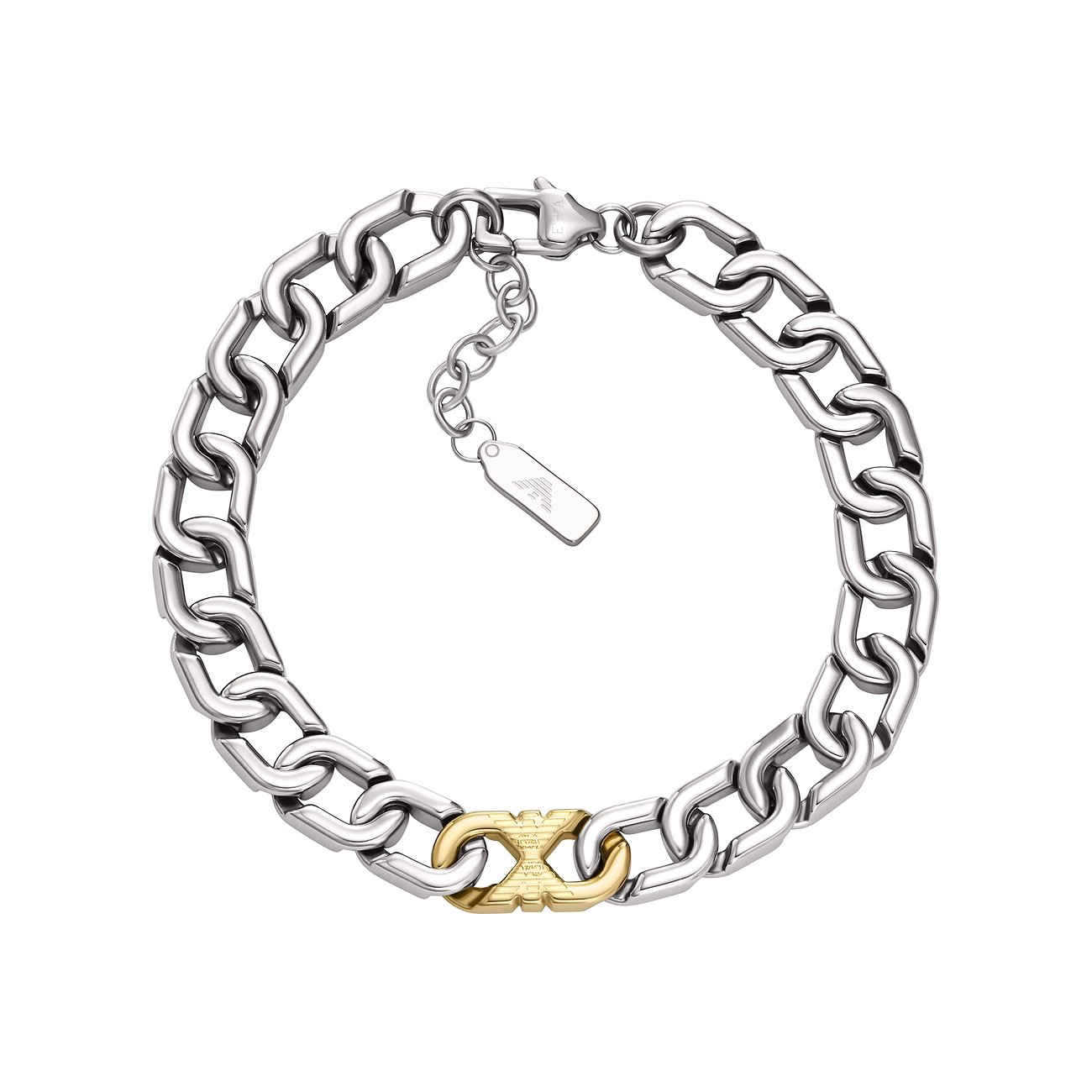 Emporio Armani Herrenarmband aus Edelstahl, bestehend aus silbernen Gliedern mit goldfarbenem Emporio Armani Logo.