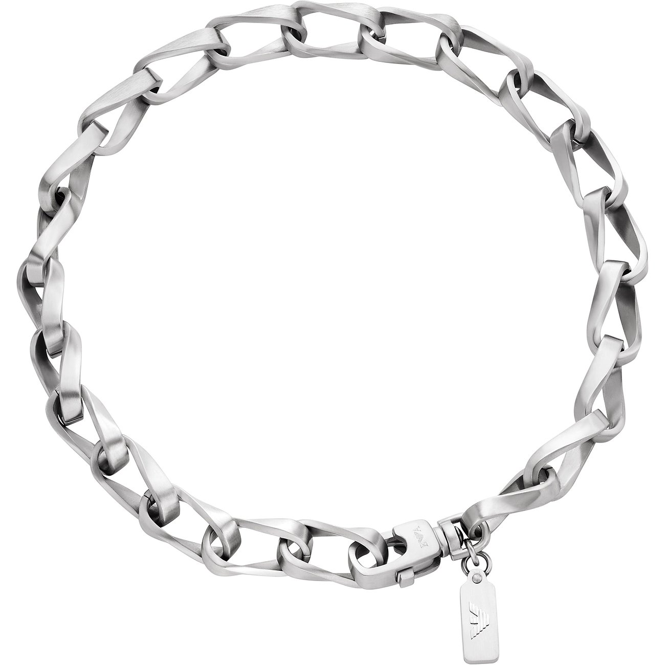 Collana Emporio Armani in acciaio inossidabile con maglie intrecciate e attorcigliate e pendente rettangolare.