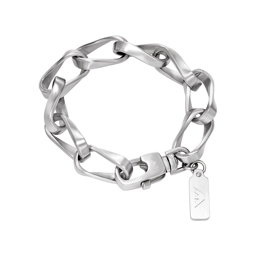 Emporio Armani Herren Armband aus mattem Edelstahl mit verdrehten Gliedern, Karabinerverschluss und Logoplakette.