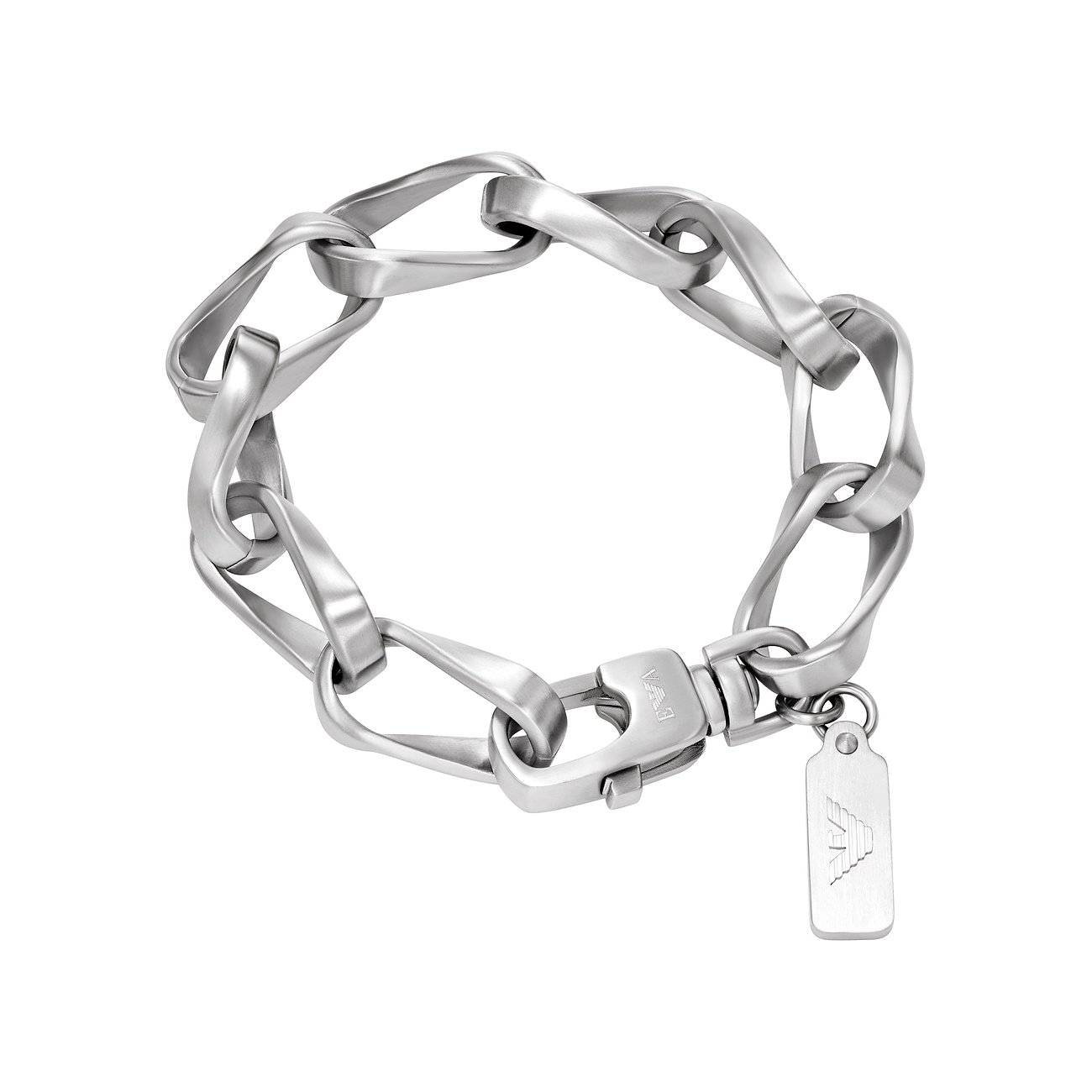 Emporio Armani Herren Armband aus mattem Edelstahl mit verdrehten Gliedern, Karabinerverschluss und Logoplakette.