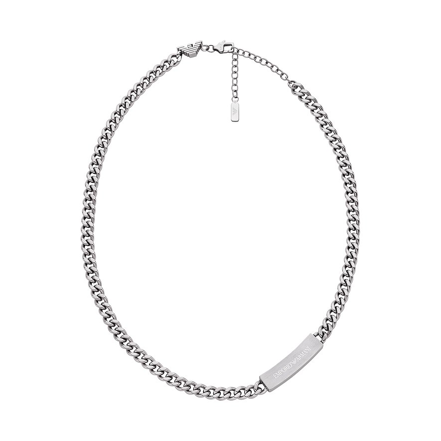 Emporio Armani Halsschmuck aus Edelstahl, eine silberfarbene Halskette mit breiten Gliedern und Logo-Plakette.