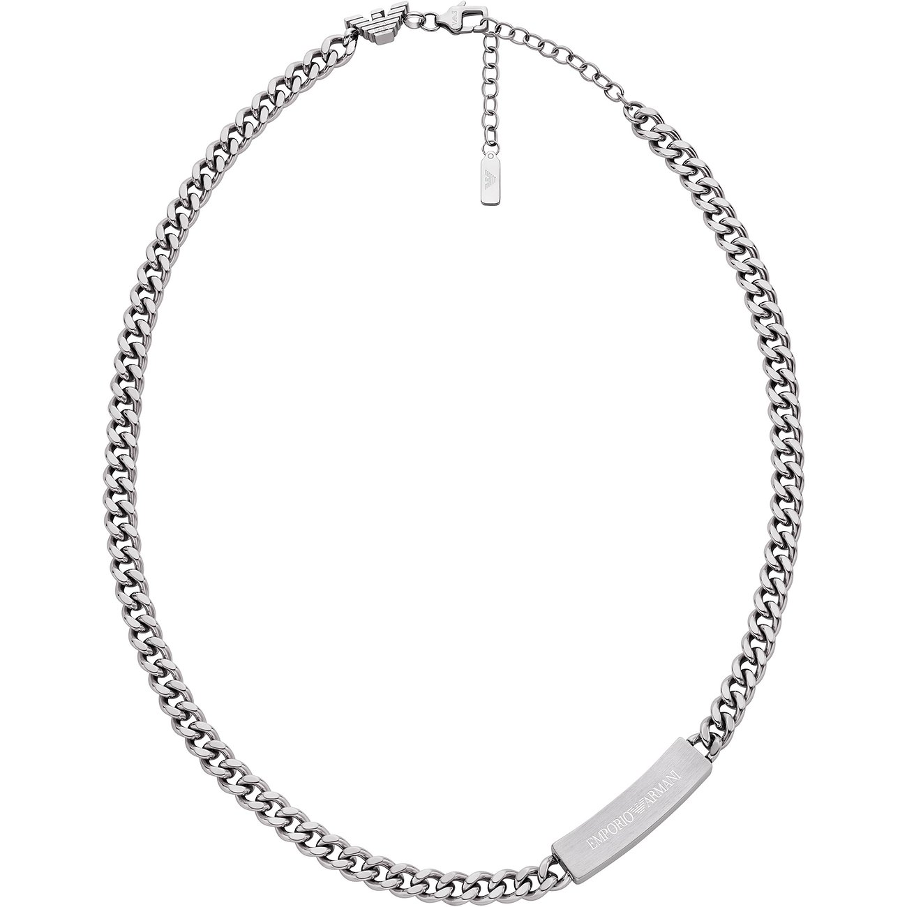 Emporio Armani Halsschmuck aus Edelstahl, eine silberfarbene Halskette mit breiten Gliedern und Logo-Plakette.