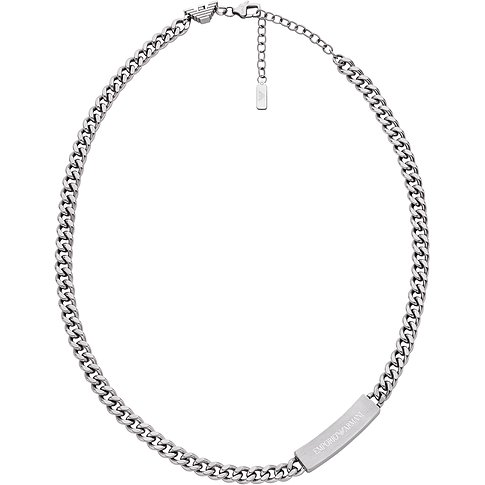 Emporio Armani Halsschmuck aus Edelstahl, eine silberfarbene Halskette mit breiten Gliedern und Logo-Plakette.