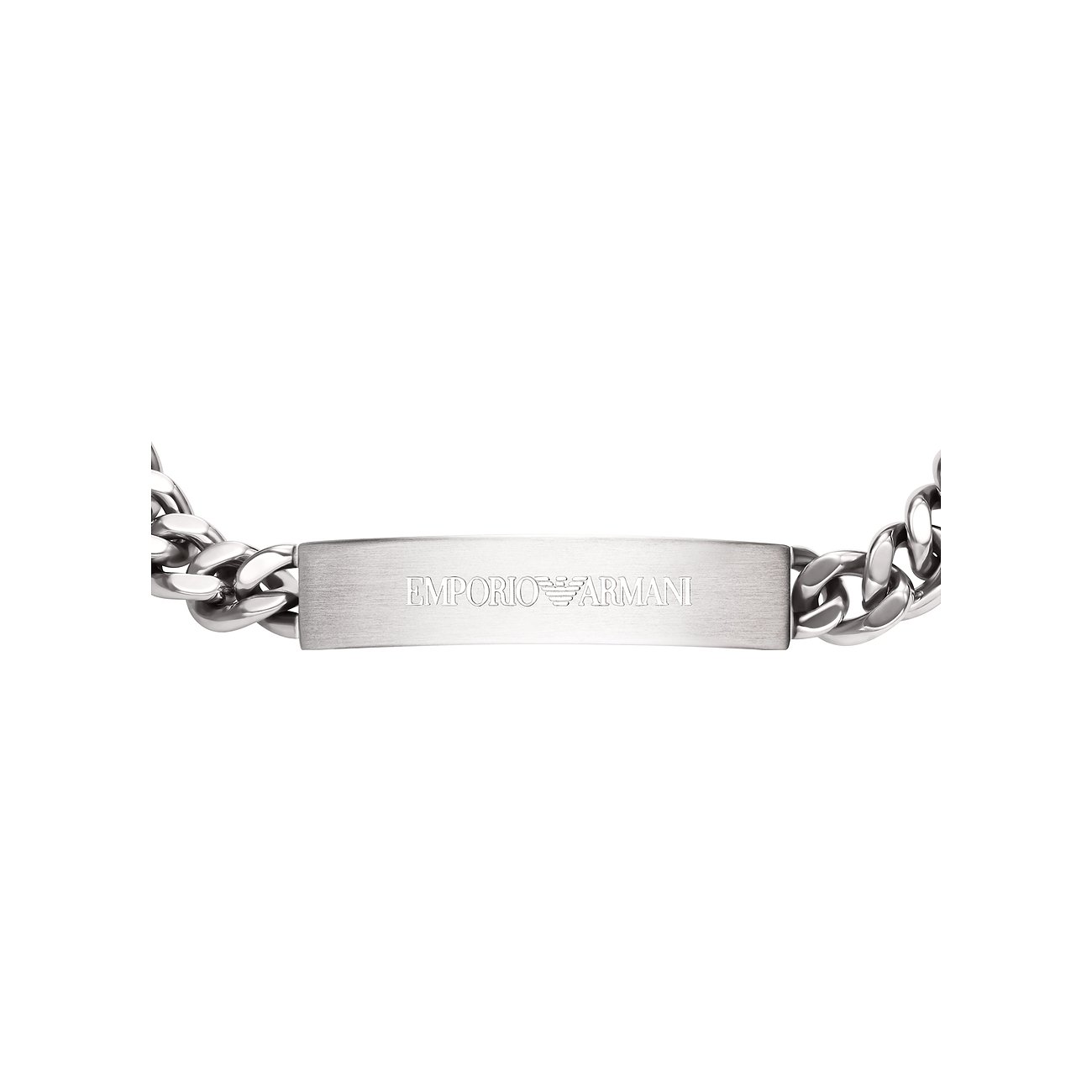 Bracciale Emporio Armani in acciaio inossidabile con maglie a catena e targhetta ID rettangolare opaca incisa.