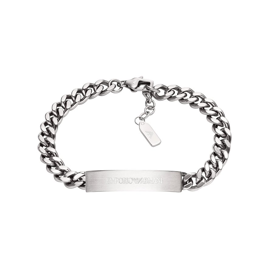 Bracciale a maglie piatte da uomo Emporio Armani in acciaio inox lucido con logo inciso sulla piastra centrale.
