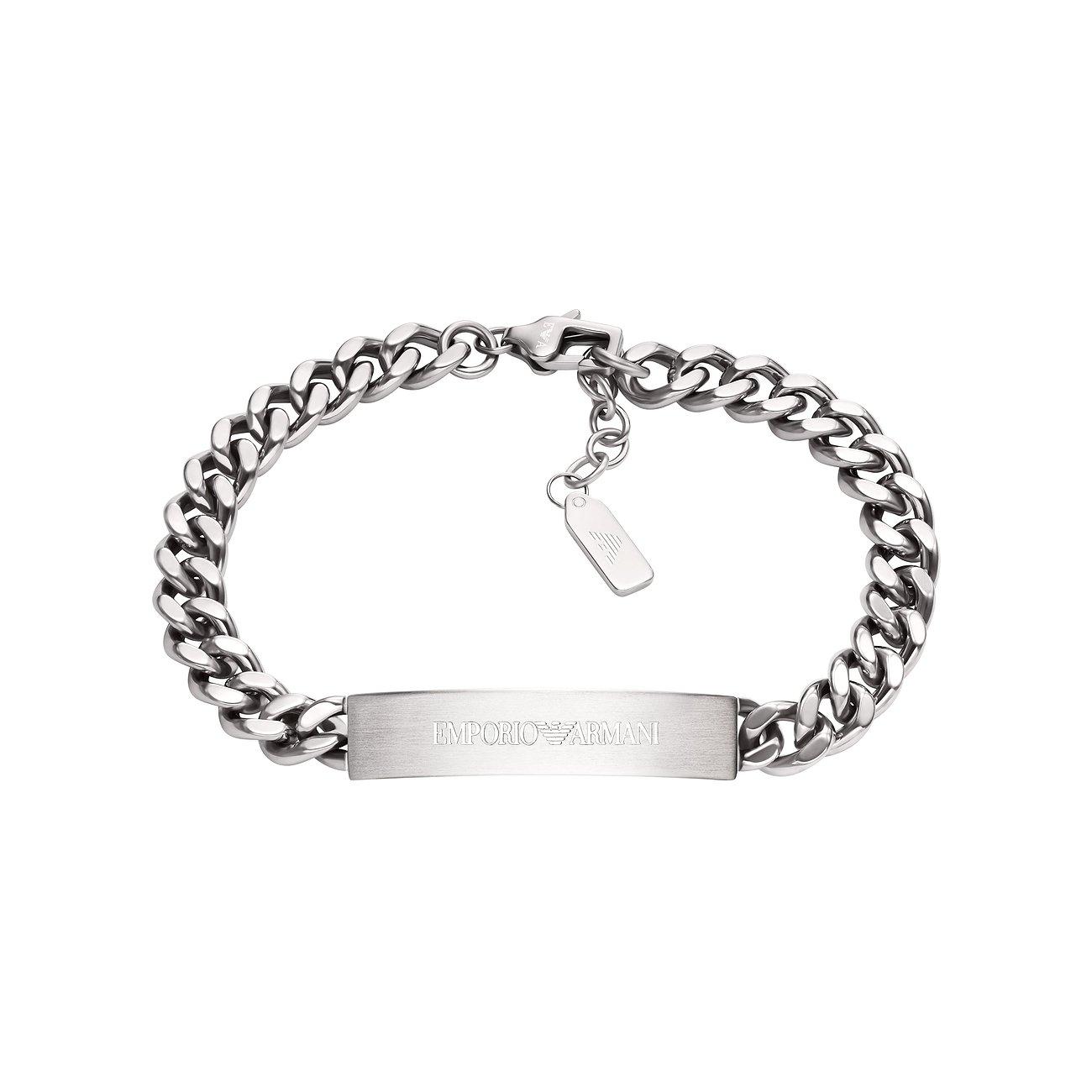 Bracciale a maglie piatte da uomo Emporio Armani in acciaio inox lucido con logo inciso sulla piastra centrale.
