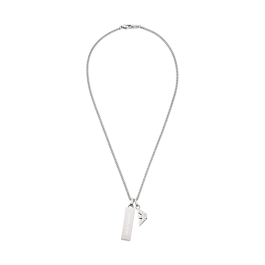 Collier Emporio Armani en acier inoxydable, chaîne argentée avec deux pendentifs, dont un rectangulaire.