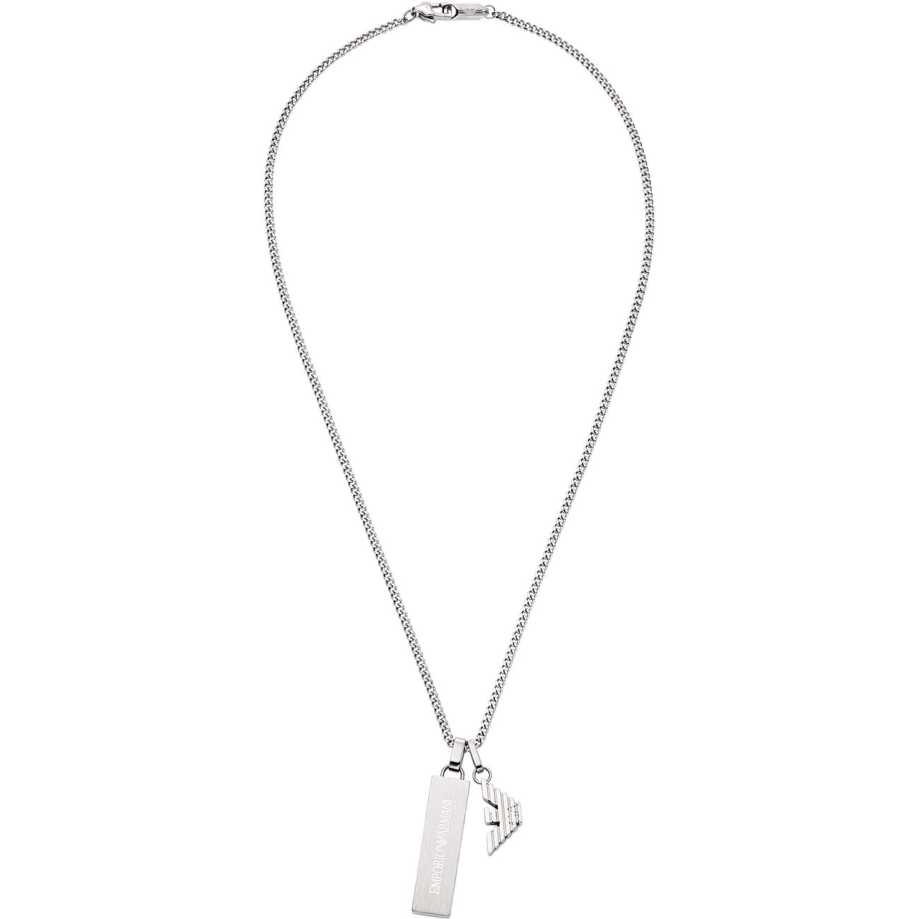 Collier Emporio Armani en acier inoxydable, chaîne argentée avec deux pendentifs, dont un rectangulaire.