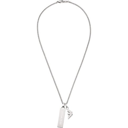 Emporio Armani Halsschmuck aus Edelstahl, eine silberfarbene Kette mit zwei Anhängern, darunter ein rechteckiger Anhänger.